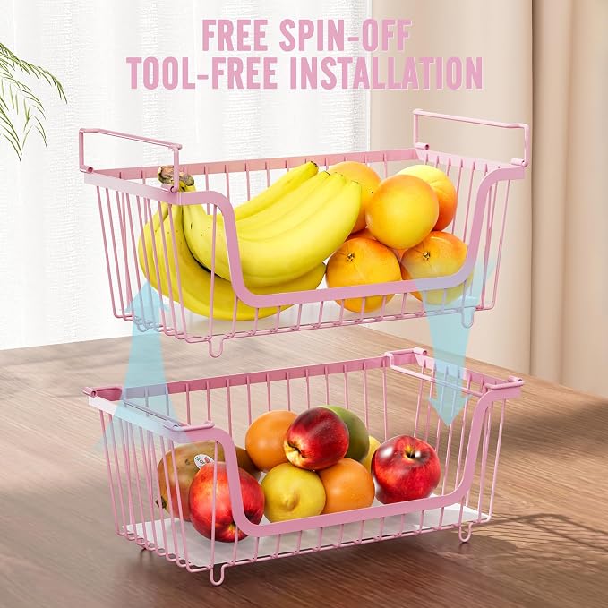 4 Pcs Stackable Wire Baskets for Pantry Organizers and Storage,pink, - Image 7
