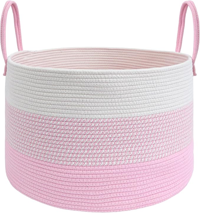 JMvicyroam 115L Extra Large Blanket Basket for Living Room - Woven Cotton Rope Laundry Hamper with Reinforced Handles - Storage Bin for Pillows, Comforters & Toys - Machine Washable,White&Pink Mix by JMvicyroam