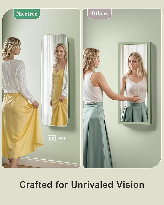 Nicetree Rounded Mirror Jewelry Cabinet, Lockable, Wall Mounted, Green - Image 5