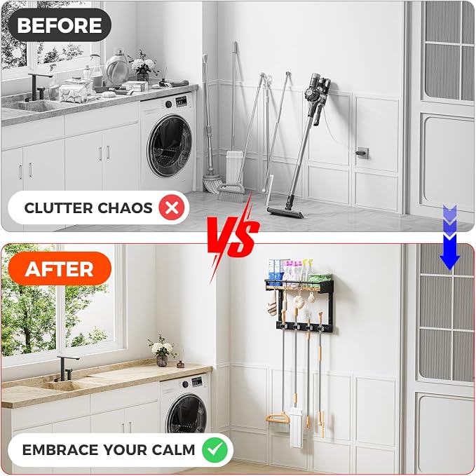 Broom Holder Wall Mount with Shelf,Broom Hanger with 4 Hooks,Broom and Mop Organizer Wall Hanging for Laundry,Garage, Utility,Broom Rack,Cleaning Supplies Organizer and Tool Storage,Black - Image 5
