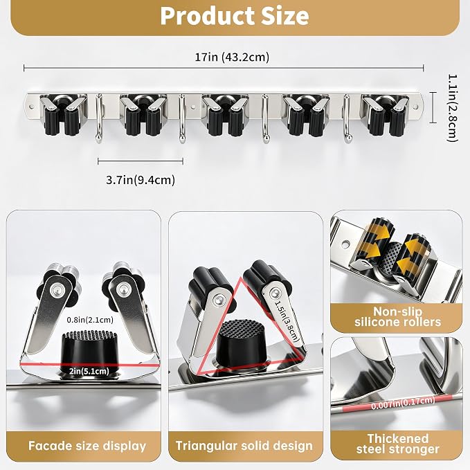Broom Holder Wall Mount, Mop Organizer, 5 Racks, 4 Hooks, Heavy Duty - Image 6