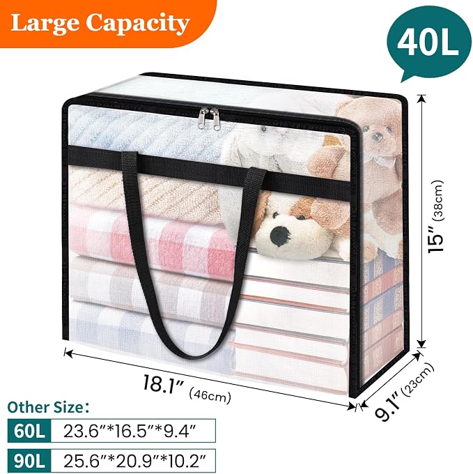 TasticTotes 8 Pack Clear Storage Bags for Comforter, Clothes & Bedding, 40L | Plastic Blanket Storage with Zipper & Handle, Foldable Moving Bags, Closet Organizer and Under-Bed Storage Containers - Image 2