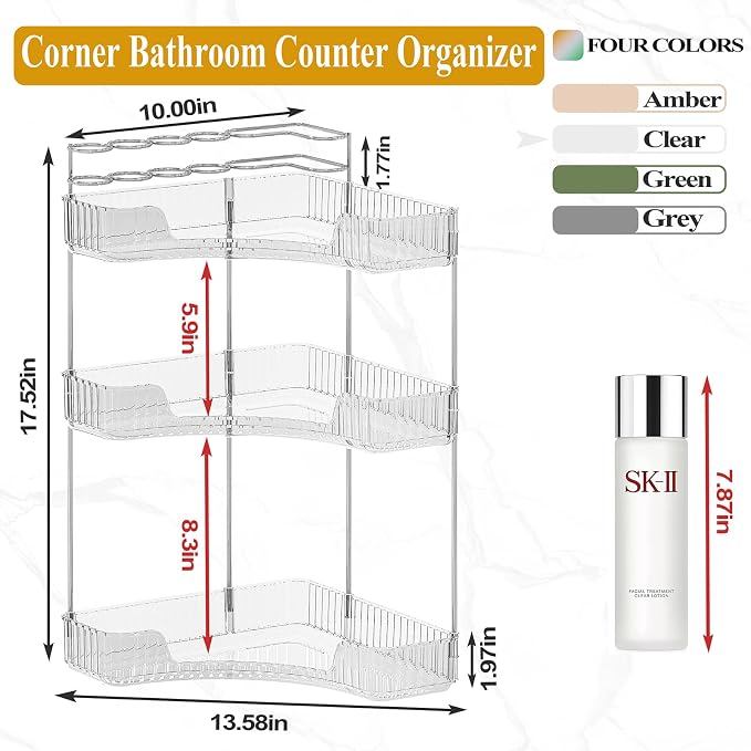 SUNZOS 3-Tier Corner Bathroom Counter Organizer, Bathroom Organizer Countertop with Makeup Brush Holder, Vanity Makeup Cosmetic Storage, Corner Storage for Kitchen, Dresser - Image 2