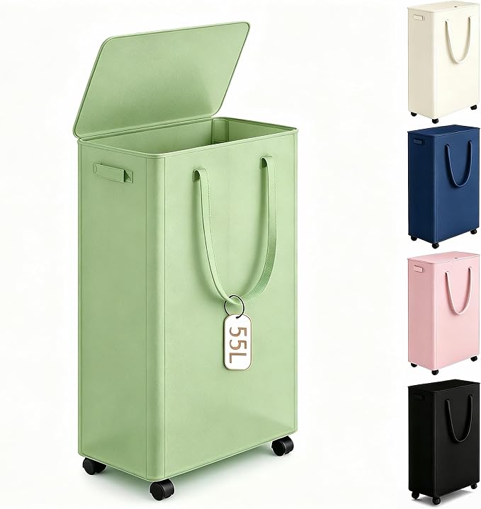 Slim Laundry Hamper with Wheels,15 Gal (55L) Rolling Laundry Basket with lid and wheels Clothes Hamper Foldable Tall Dirty Clothes Basket Sturdy Collapsible Clothes Hamper for Dorm,Laundry Room by Vincona