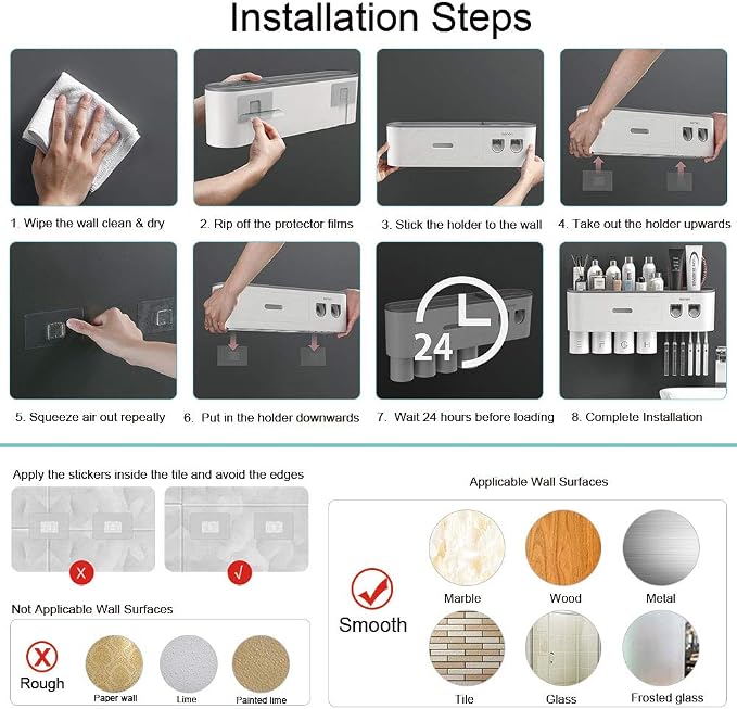 Toothbrush Holders for Bathrooms Wall Mounted, 6 Slot Toothbrush Holder with 2 Automatic Toothpaste Dispensers, 2 Magnetic Cups, Large Capacity Bathroom Organizer, Wall Storage with Drawer - Image 3