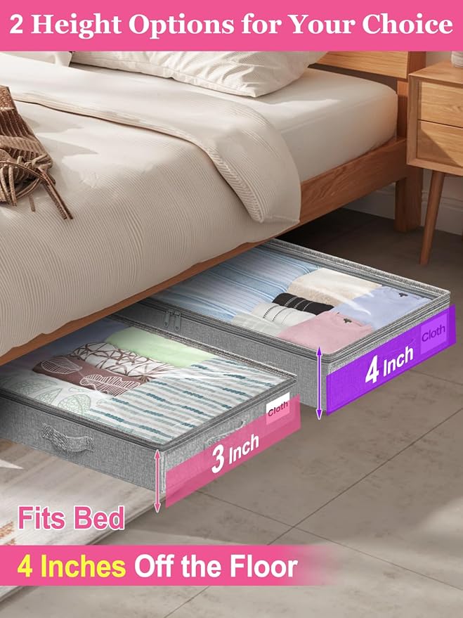 3-in Low Profile Under Bed Storage, No Structure, 2-Pack, Gray | 3" Ultra-Slim, Clear Lid, Reinfoced Handles & Smooth Zips, Dustproof & Waterproof, for Low Bed, Couch, Crib Storage - Image 2