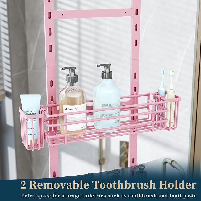 Consumest Over The Door Shower Caddy - 5 Tier Adjustable Shower Organizer Hanging with 2 Toothbrush Holders & 4 Hooks, Rustproof Organizer Shelf, Storage Rack for Bathroom, Pink - Image 3