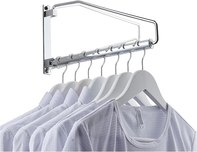 NEWRAIN Laundry Hanger, Wall Mounted Clothes Hanger with Swing Arm Holder Brass Hanging Drying Rack Space Saver,Chrome - Image 2