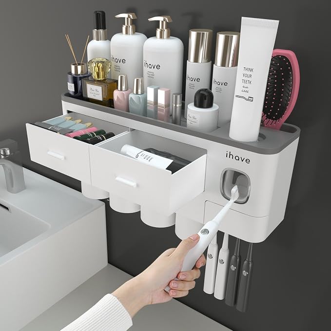 iHave Toothbrush Holders Wall Mounted with Toothpaste Dispenser & 4 Cups by ihave
