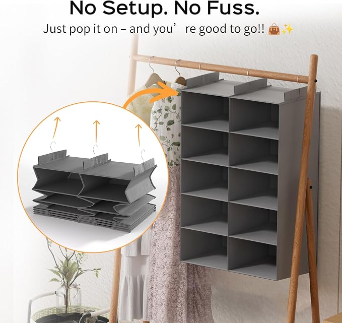 5 Tier Hanging Closet Organizer, Dual Row Wardrobe Storage with Hooks, Grey | 158.3L Extra-Large Closet Storage, Strong Hooks & Thick Fabric Hold Heavy Garments, Foldable Design Saves Closet Space. - Image 4