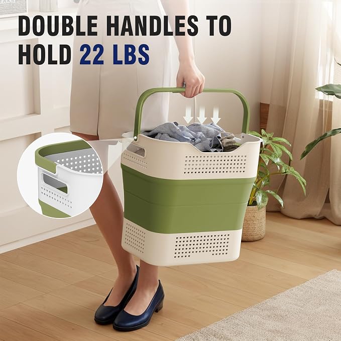 TECHMILLY Collapsible Plastic Laundry Basket Hamper with Handles, 35L Portable Rubber Clothes Basket, Pop Up Storage Container/Organizer with Hanging basket for Washing & Storage, Green - Image 4