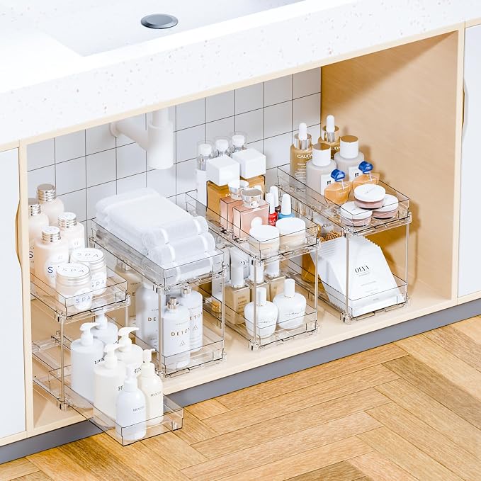 2 Set,2 Tier Pull Out Cabinet Organizer for Supplement and Medication Bottle Organizers,10.4" Deep Pantry Organizers Drawer and Sliding Clear Under Sink Organizer for Bathroom Vanity and Under Counter - Image 9