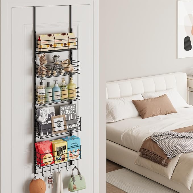 SWTYMIKI Over The Door Organizer - Door Organizer Hanging with 5 Adjustable Metal Large Capacity Basket and 6 Coat Hook, Wall Mounted Shelf for Bedroom Closet Bathroom Laundry Pantry Cabinet Kitchen - Image 2