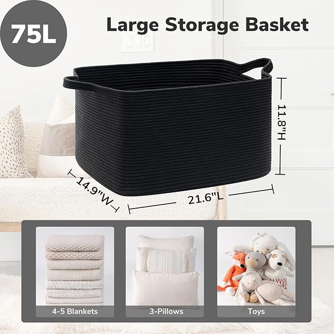 Goodpick Large Woven Rope Blanket Basket, Rectangle, Black, 75L - Image 3