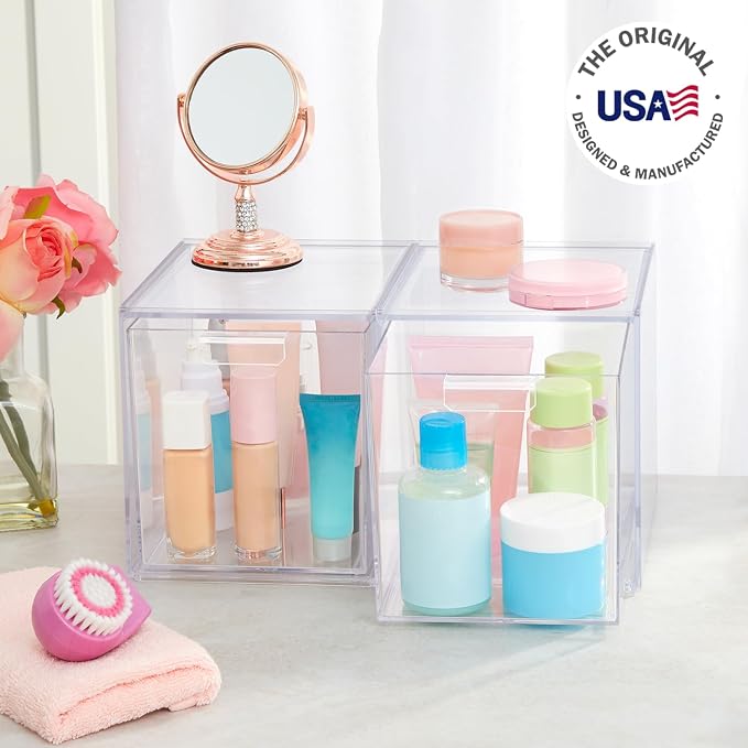 STORi Audrey Stackable Bin Clear Plastic Organizer Drawers | 2 Piece Set | Organize Cosmetics and Beauty Supplies on a Vanity | Made in USA (Pack of 3) - Image 4