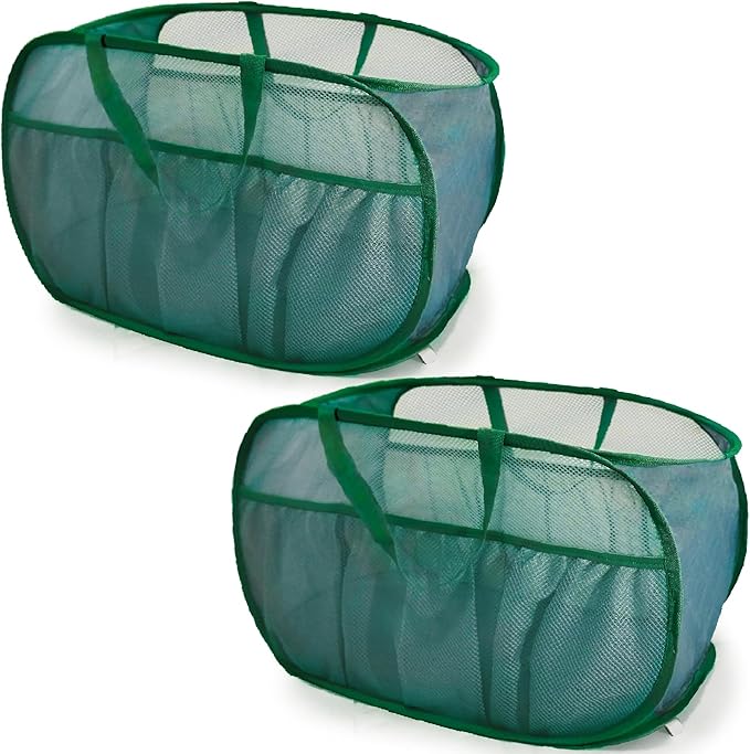 2 Pack Collapsible Laundry Baskets, Upgrade Pop Up Laundry Hamper with Convenient Bags, Foldable Laundry Basket Mesh Light Weight, Easy to Carry Clothes Hampers for Laundry, Dorm, Toys, Travel Green by BATTOO