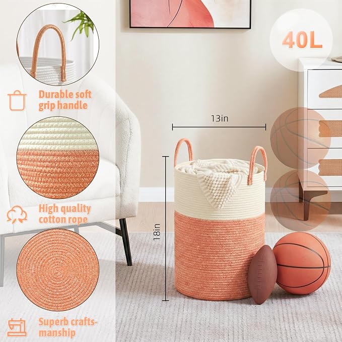 Laundry Basket,Woven Cotton Rope Laundry Hamper,40L for Decor Storage of Dirty Clothes,Toys and Blankets in Bathroom,Baby Room and Living Room - Image 6