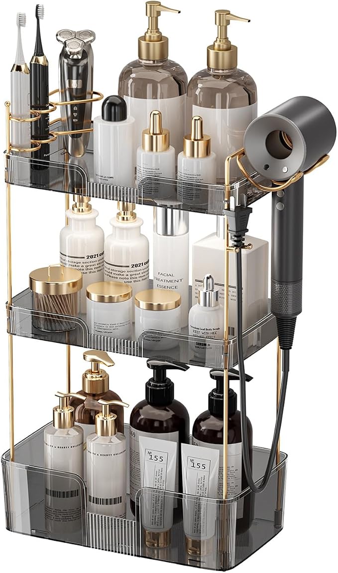 Aveniee Bathroom Counter Organizer,3 Tier Skincare Perfume Countertop Storage with Hair Dryer Rack and Toothbrush Holder, Cosmetic Makeup Tray for Vanity,Grey by Aveniee