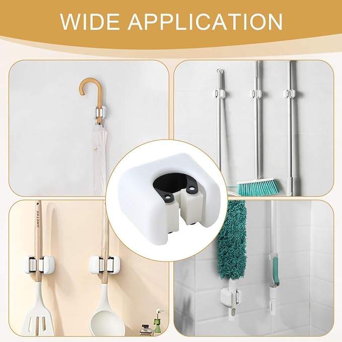 Broom and Mop Holder Wall Mount, Self-Adhesive, White, 3-Pack - Image 6