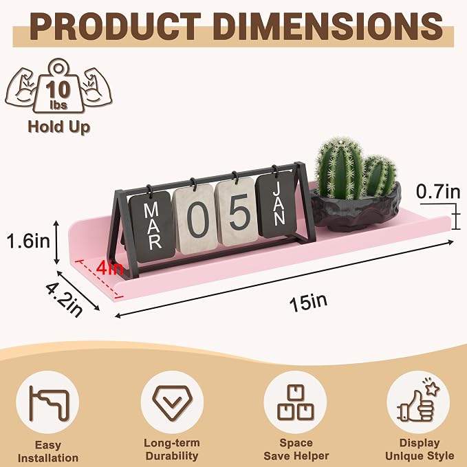 Qukaka Floating Shelves for Wall Decor, 15" Wall Shelves for Bedroom, Living Room, Kitchen, Bathroom Decor, Nail Polish/Book/Decoration/Makeup/Perfume Organizer Floating Shelf-3Pack Pink - Image 2