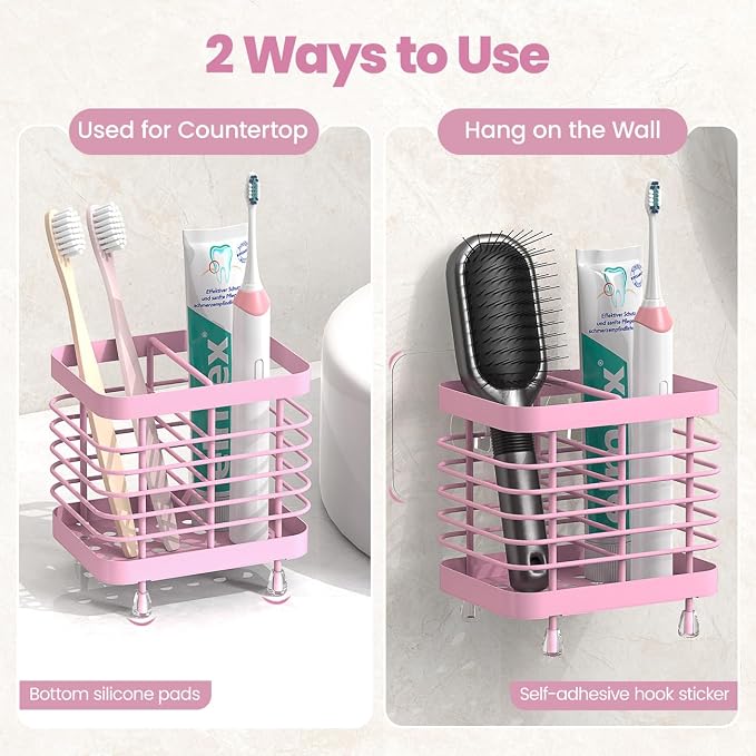 Luxspire Toothbrush Holders for Bathroom, Stainless Steel, 2 Slots, Pink - Image 2