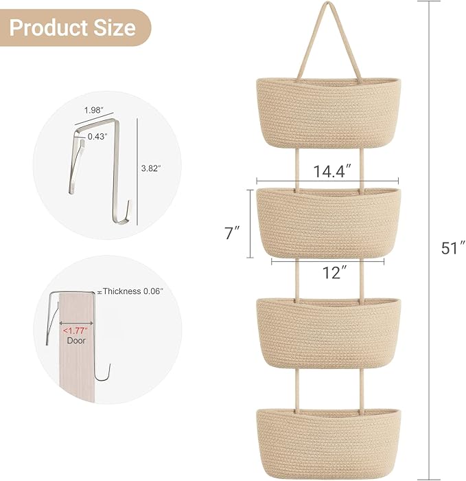 Dahey Over The Door Hanging Basket Storage 4-Tier Woven Wall Basket, Jute - Image 2