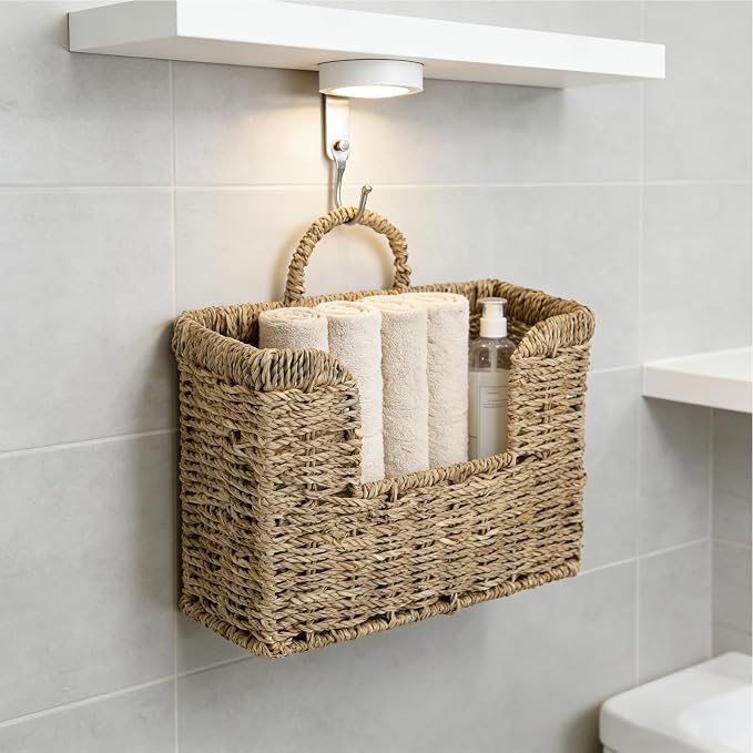 Hanging Magazine Basket, Woven Wall Magazine Holder Organizer with Handle for Mail, Files, Books - Water Hyacinth Farmhouse Storage Rack for Bathroom, Kitchen, Office (1, Sea Grass) - Image 6