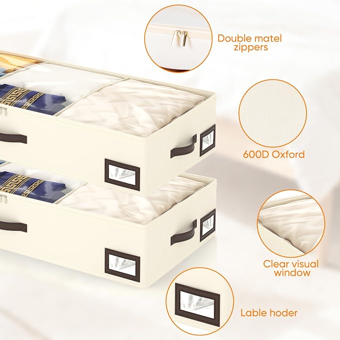 OIAHOMY 2 Pack 53L Under Bed Storage with Adjustable Dividers, 6" Low Profile Underbed Storage Bins for Comforters & Clothes, Save Closet Space with Clear View Lid & Reinforced Handles, Beige - Image 3