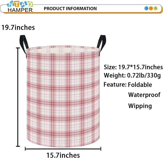 NTAOHAMPER Laundry Hamper, Waterproof Storage Bin, Baby Nursery Hamper, Clothes Organizer Basket, Room Decor (Pink Plaid) - Image 2