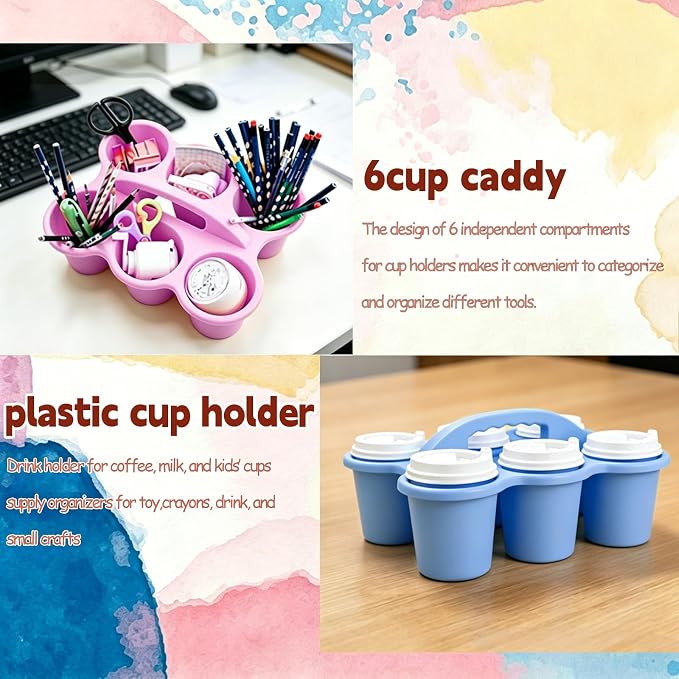 6 Pack Classroom Caddy Organizer with Handle Macaron Plastic Table Caddy 6 Compartments Storage Cup Holder for School Supplies Art Crafts Crayons Pencil Stackable Desk Caddy for Office Home - Image 4