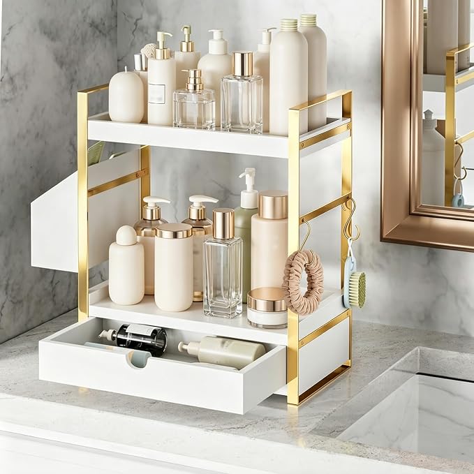 2-Tier Bathroom Counter Organizer, Wooden Vanity Shelf with Drawer & Basket by Unknown