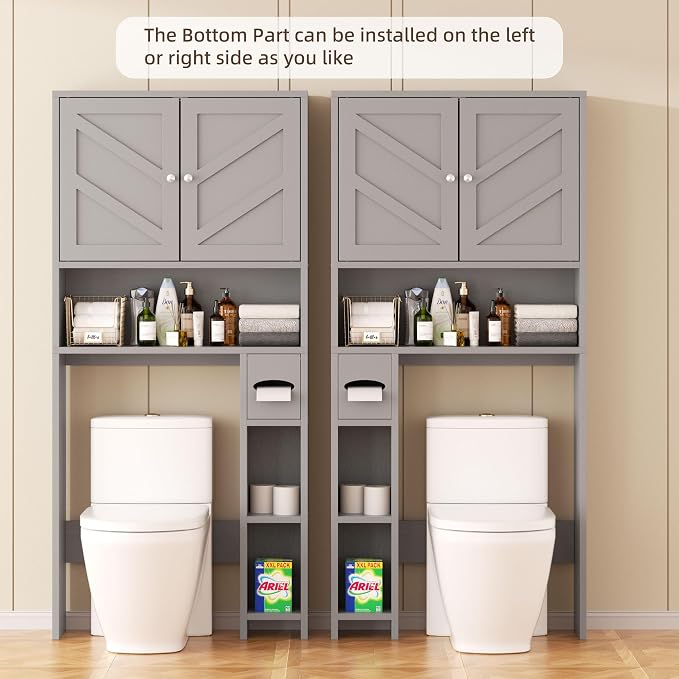 Shintenchi Over the Toilet Storage Cabinet, Bathroom Storage Cabient with Barn Doors, Bathroom Storage Shelf Organizer with Toilet Paper Holder, Adjustable Shelf and Anti-Tip Device, Gray - Image 4