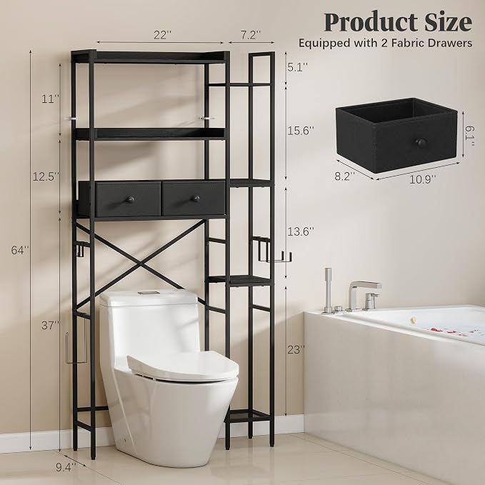 Quikraen 7-Tier Over the Toilet Storage Shelf, Large Bathroom Organizer with 2 Fabric Drawers, 4+3 Adjustable Side Shelves, Sturdy Freestanding Space Saver Rack with Hooks for Bedroom, Laundry, Black - Image 2