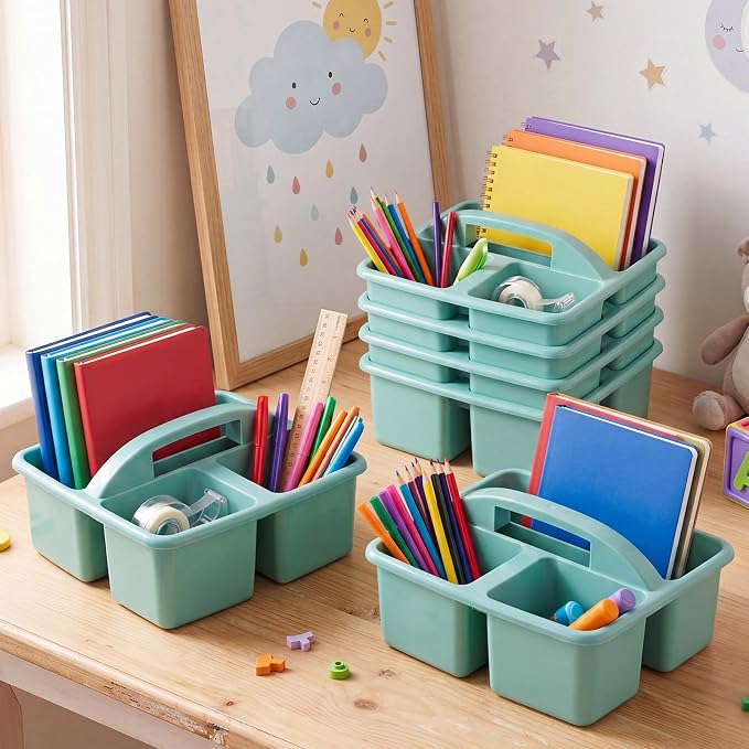 Geelin 6 Pack Classroom Caddy with Handle Plastic Storage Caddy Organizer with 3 Compartments Stackable Desk Caddies Holder Portable Storage Bin for Marker Pencil Crayon School Home Office(Green) - Image 7