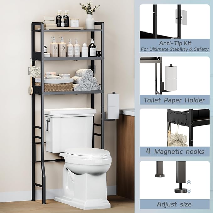 Over the Toilet Storage Shelf 3-Tier Adjustable Bathroom Organizers and Storage Shelves Bathroom Rack Above Toilet Storage with Paper Holder and 4 Hooks Space Saver Storage for Laundry - Image 4