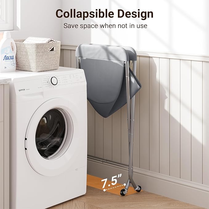 ELYKEN Laundry Basket with Wheels, Collapsible Laundry Hamper, Gray - Image 5