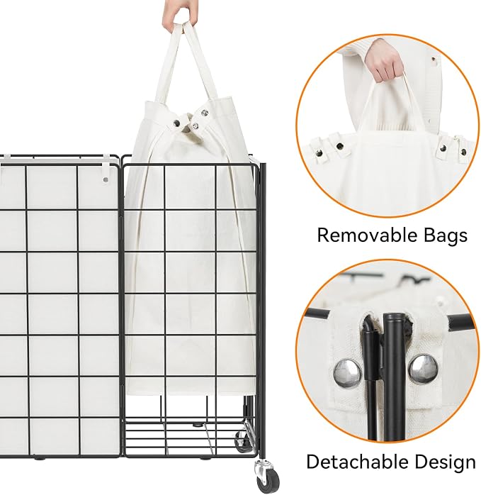 WOWLIVE Double Laundry Hamper with Wheels, Metal Rolling Laundry Basket - Image 6