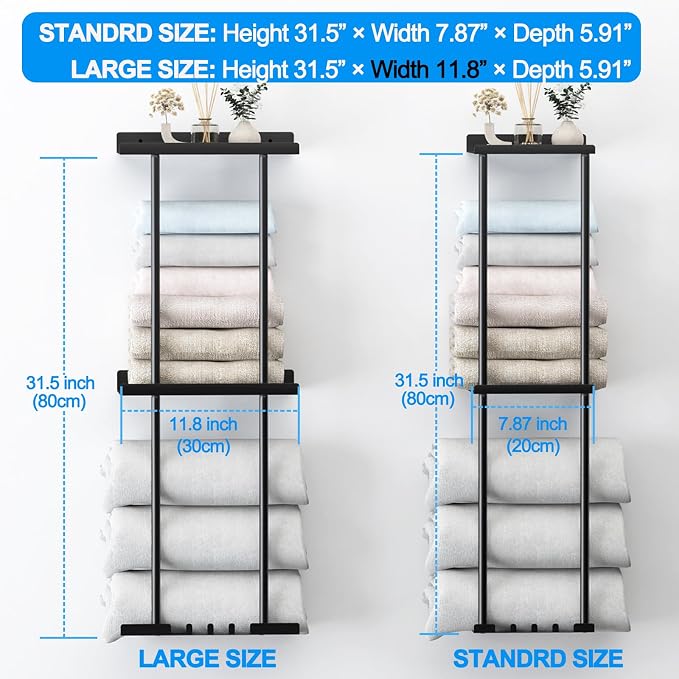 Liuoud Towel Rack for Bathroom, Wall Mounted Vertical Rolled Towel Storage Organizer Holder with Shelf, Holds Up 6 Large Bath Sheets, Gold Large Size - Image 8