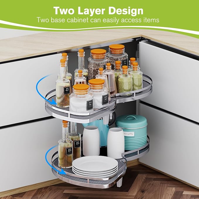 Blind Corner Cabinet Pull Out Organizer, Soft Close Swing Left Pull Out Cabinet Organizer 30inch, Corner Cabinet Lazy Susan for Cabinet Blind Shelf, 2 Tiers Tray, Adjustable Height - Image 3