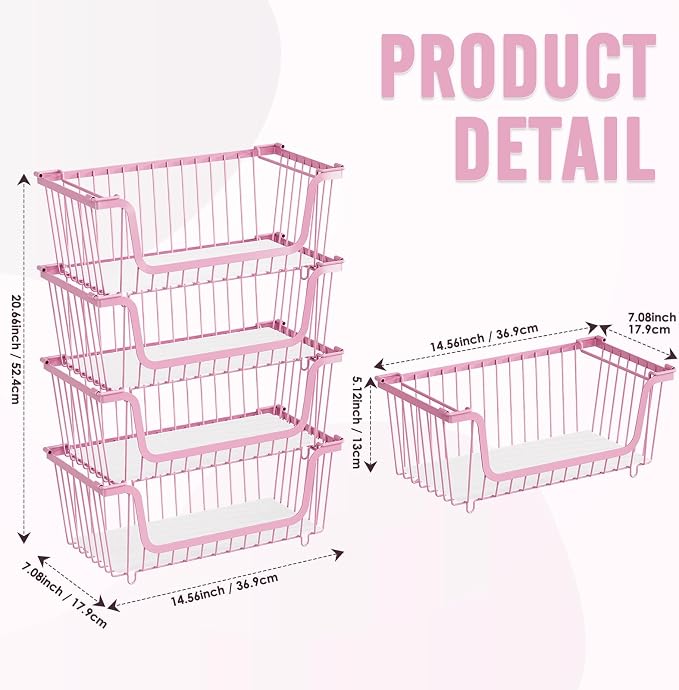 4 Pcs Stackable Wire Baskets for Pantry Organizers and Storage,pink, - Image 2