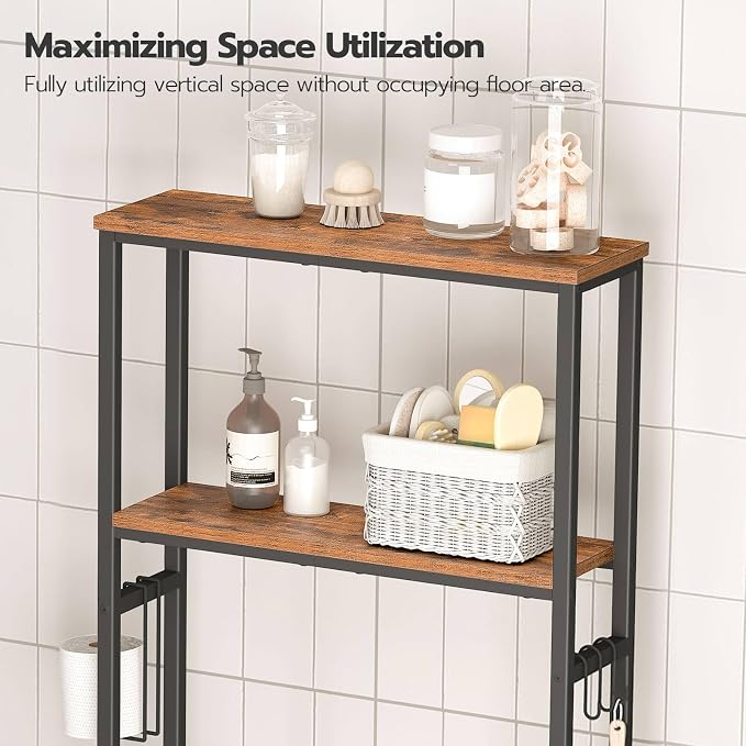 HOOBRO Over The Toilet Storage, 2-Tier freestanding Over the Toilet Storage, Bathroom Organizer Over Toilet with Toilet Paper Holder and Hooks, Space Saver for Room, Rustic Brown and Black BF49TS01 - Image 5
