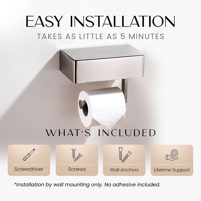 Day Moon™ - Toilet Paper Holder with Shelf - Modern Roll Holder for Bathroom - 1 Pack - Wall Mount - with Storage, Brushed Nickel - Image 5