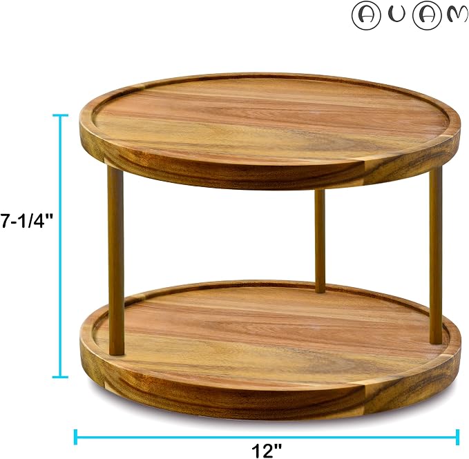 12" Two-Tier Acacia Wood Lazy Susan Organizer Kitchen Turntable for Cabinet Pantry Table Organization - Image 3