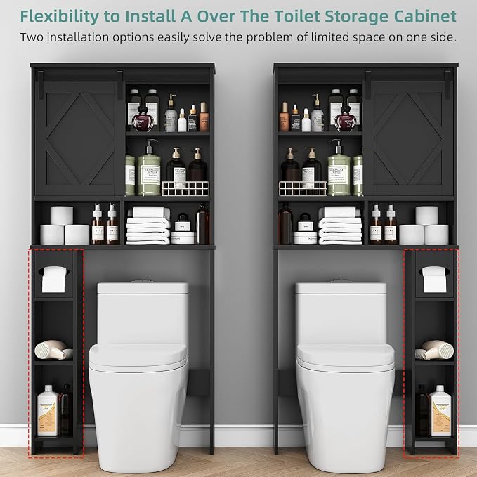 Over the Toilet Storage Cabinet with Farmhouse Sliding Barn Door, Above Toilet Organizer with Toilet Paper Holder Stand, Behind Toilet Shelf, Space Saver for Restroom, Bathroom, Laundry, Black - Image 3