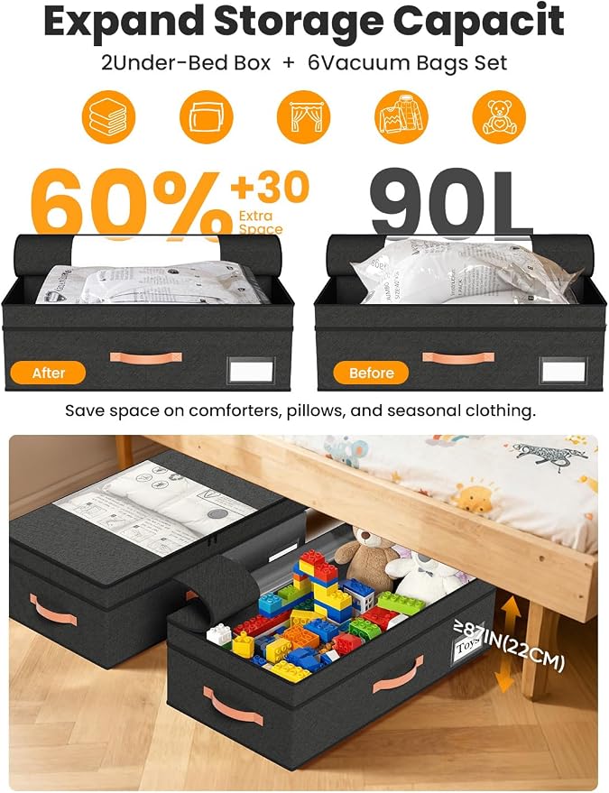 TOSKING 2-Pack Under Bed Storage Drawers with Wheels, 6 Vacuum Bags, Adjustable Height 7.9-10.2", Large 90L/80 lbs Clear Lid, 900D Oxford, Space Saver for Dorm Bedroom, Blankets, Clothes, Shoes, Black - Image 5