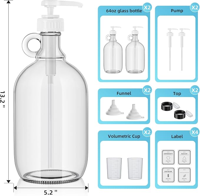 Laundry Detergent Dispenser,64oz Fabric Softener Dispenser,Glass Liquid Laundry Detergent Container,Laundry Detergent Organizer for Laundry Room Organization with 4 Labels,2 Pack - Image 2
