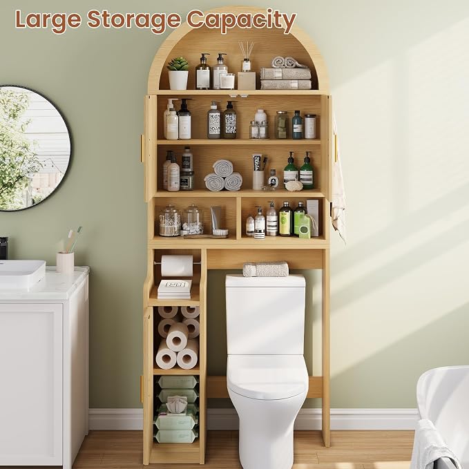 Itaar Arched Over The Toilet Storage Cabinet, 78.7" H Fluted Bathroom Organizer with Reversible Side Cabinet, Adjustable Shelves, Anti-Tipping, Hooks & Paper Holder for Bathroom Laundry Room, Oak - Image 3