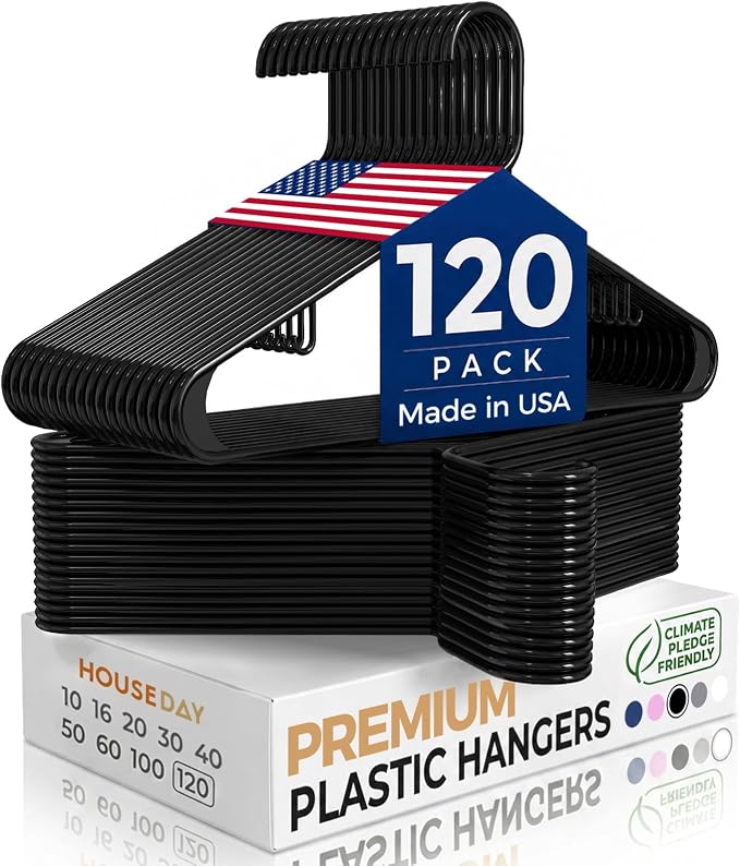 HOUSE DAY Black Plastic Hangers 120 Pack, Slim Space-Saving Clothes Hangers by HOUSEDAY