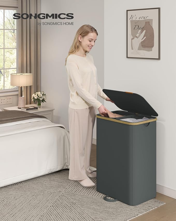 SONGMICS Laundry Hamper with Lid, 150L Laundry Basket，2 Compartments - Image 2