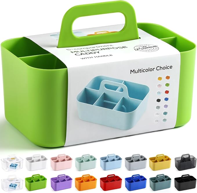 Multiuse Caddy Organizer with Handle, Portable Divided Plastic Tote Bin - Art Craft, Stationary Pen Marker Crayons, Makeup Hair Supplies Storage - Bathroom, Classroom, Dorm, Office, Desk Holder -Green by AOZITA